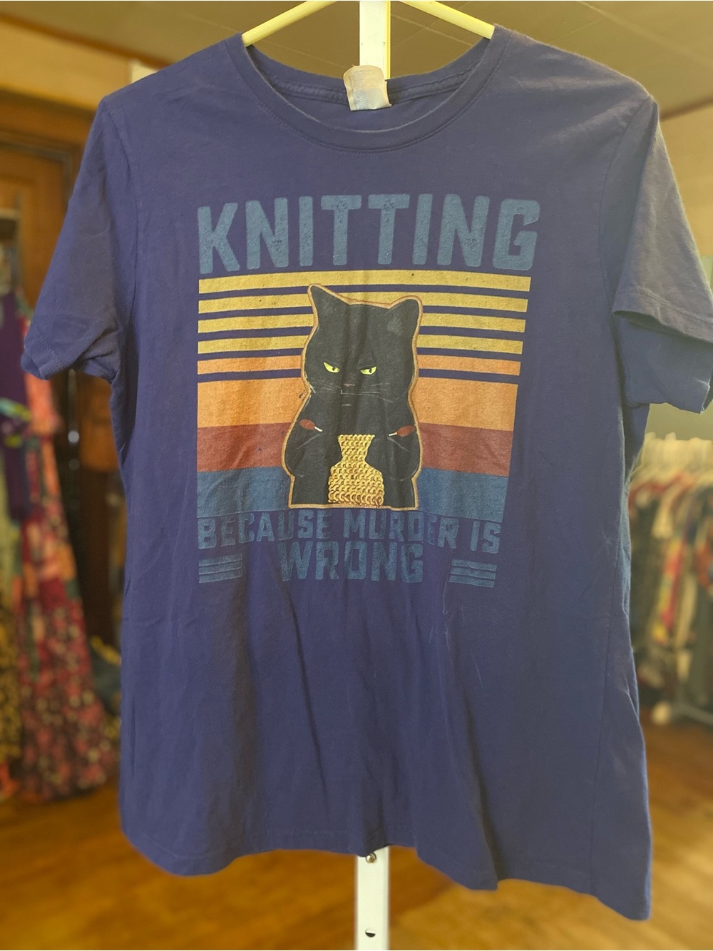 Cat Knitting Graphic Tee with Retro Stripes ‘knitting because shmurder is wrong’